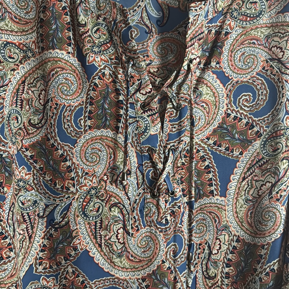 ❗️SOLD❗️Blue and Tan Ruffled 3/4 Sleeve Blouse with Mandarin Collar - Picture 3 of 5